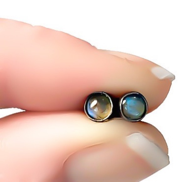 Oxidized Black 925 Sterling Silver 4MM Genuine Flash Labradorite Stud Earrings - Picture 6 of 10